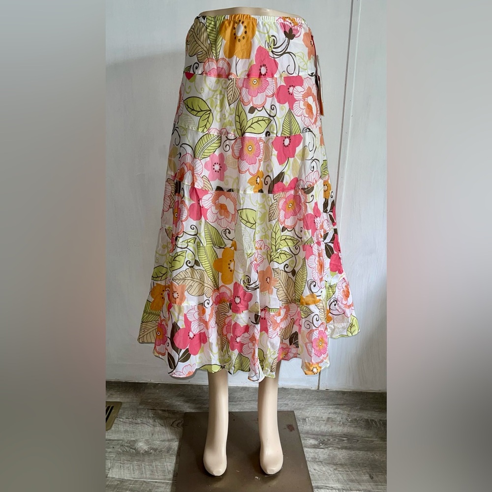 Ruby Rd. Floral Midi Skirt - Pink, Orange, Green
